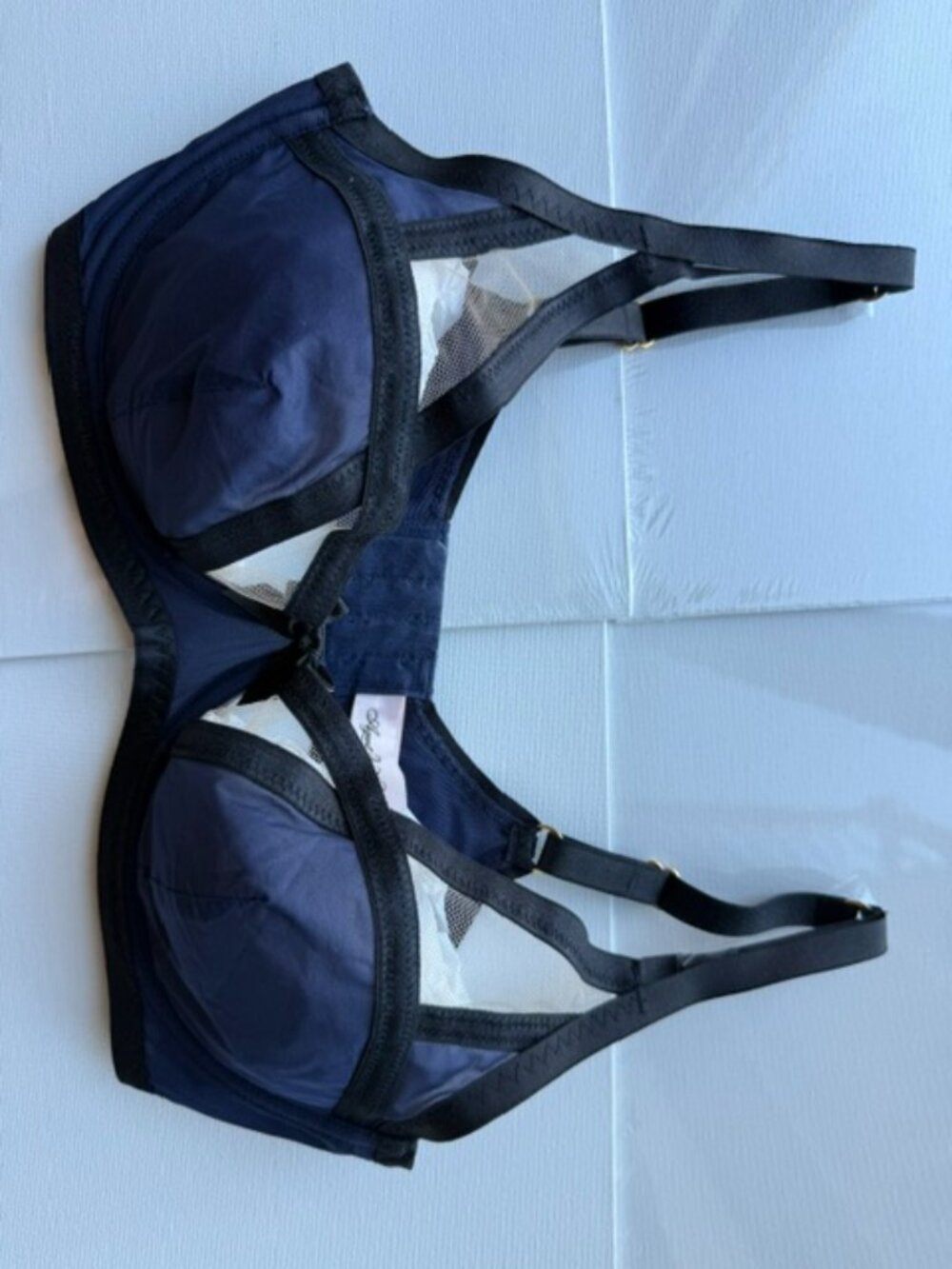 Agent Provocateur Rozlyn Navy Blue Balconette Bra 34D Sheer Tulle Lace Underwire